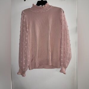 💕 Adrianna Papell Blush Pink Sheer Sleeve Mock Neck Top